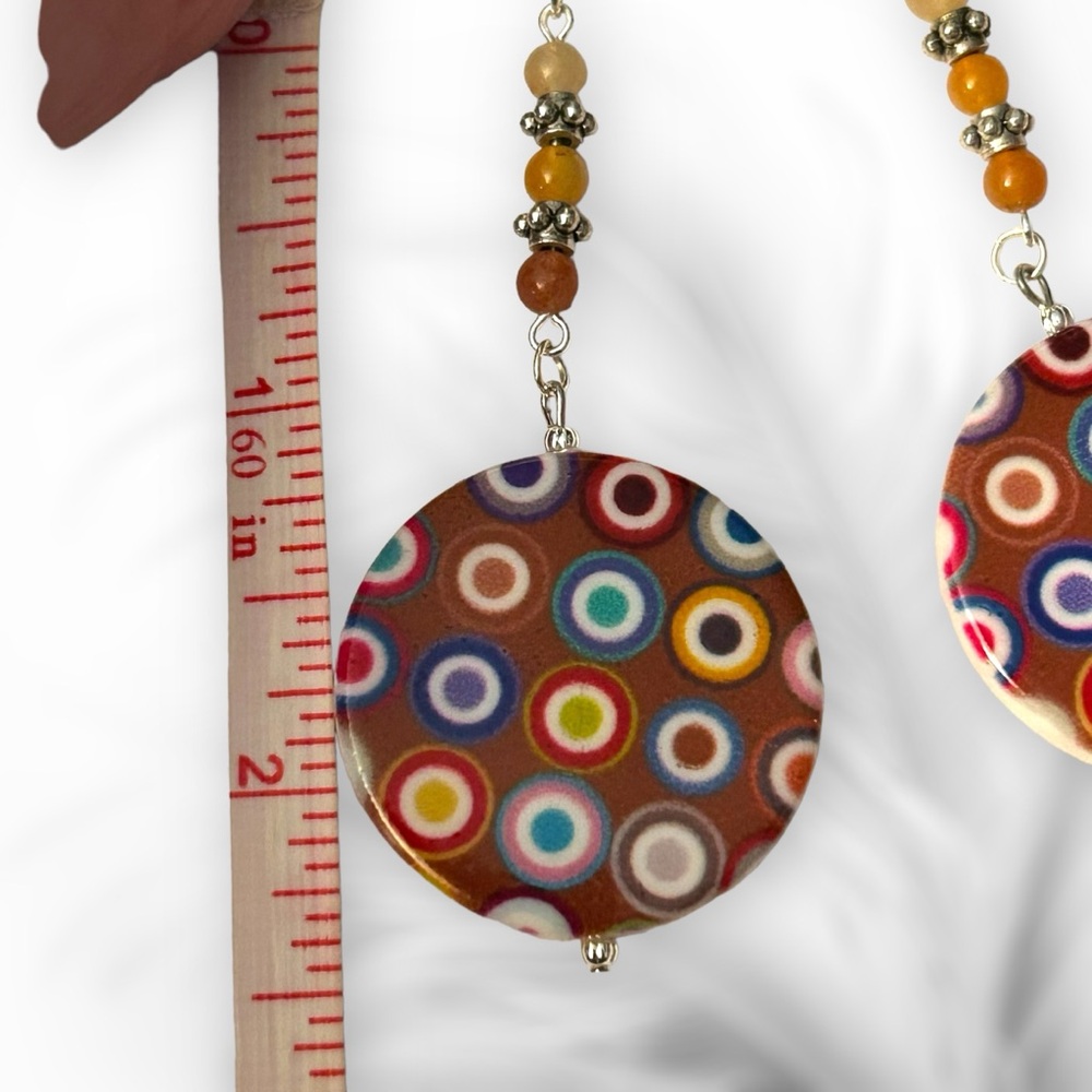 Hand Crafted Earrings Circles Geometric Boho Dangle Silver Brown Yellow Pierced - Picture 10 of 10